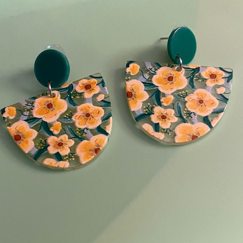 Yellow Floral Earrings with Green Accents